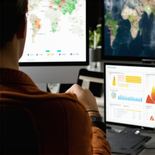 A person analyzing local SEO data and maps on screens in an office