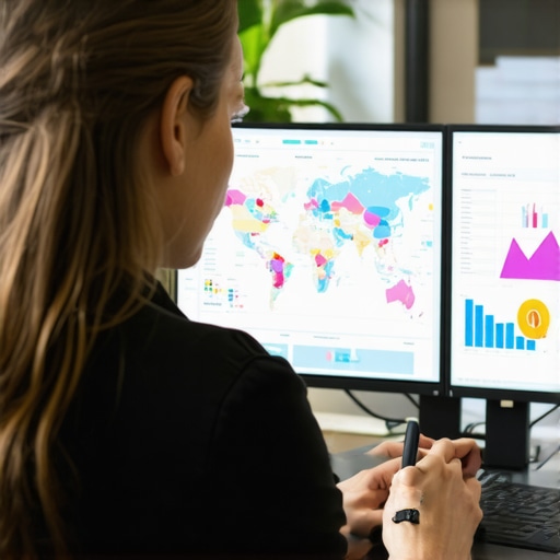 SEO strategist reviewing local map ranking data and analytics on a monitor.