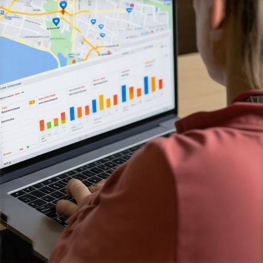 Person analyzing local SEO data on laptop showing maps and charts.