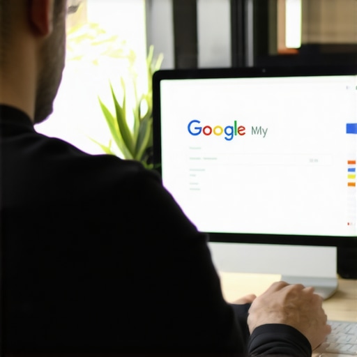 Business owner optimizing Google My Business profile on a laptop.