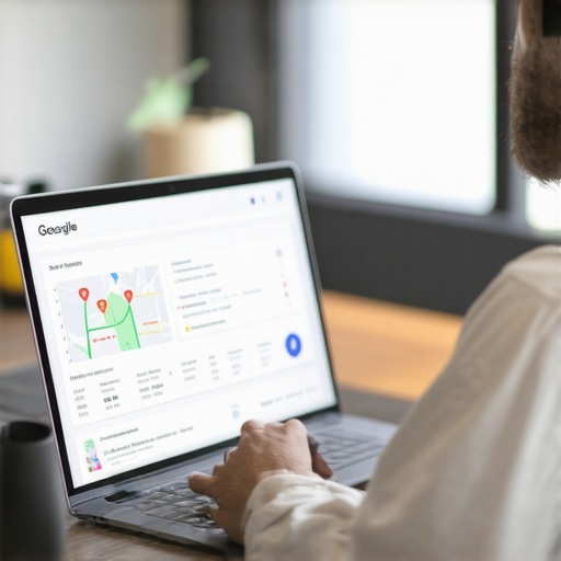 Business owner optimizing Google My Business profile on a laptop with maps and analytics