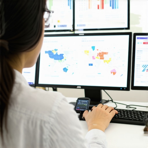 A professional reviewing local search analytics and map rankings on computer screens.