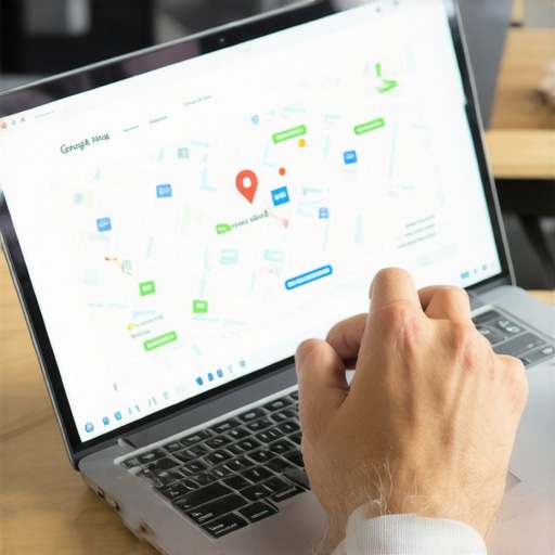 Business owner editing Google My Business profile on laptop showing local map
