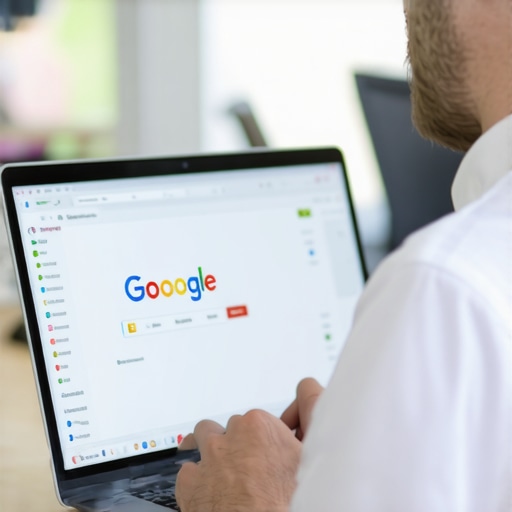 Person updating business information on a laptop for better Google Maps ranking.