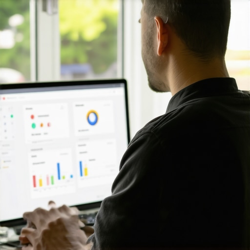 Optimizing Google My Business Profile Business owner editing Google My Business profile on laptop with metrics display.