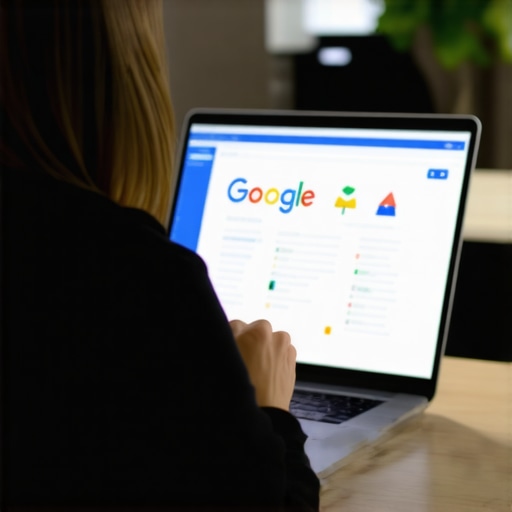 Person optimizing Google My Business profile using analytics tools on laptop