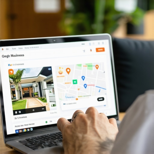 Person editing Google My Business profile on a laptop with maps and local business images