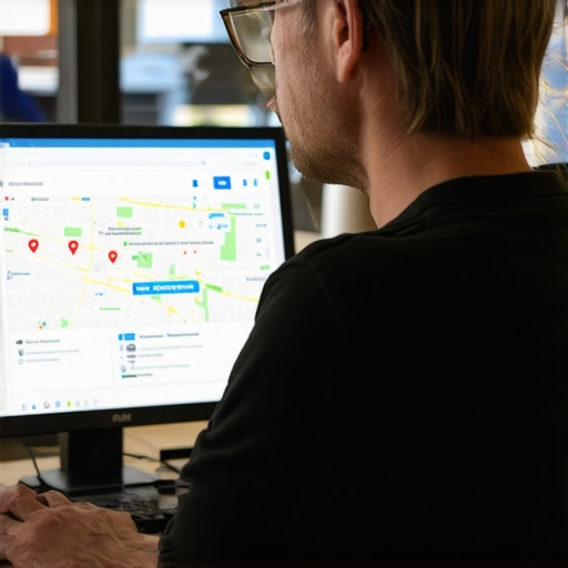 A cheerful business owner responding to reviews on Google Maps from a computer.