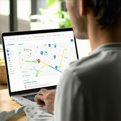Business owner editing Google My Business profile on computer with Google Maps interface.