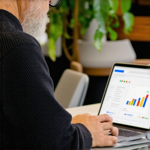 Business owner optimizing Google My Business profile on laptop with analytics charts.