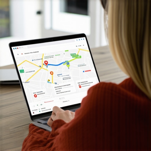 Business owner working on local map visibility optimization on laptop.