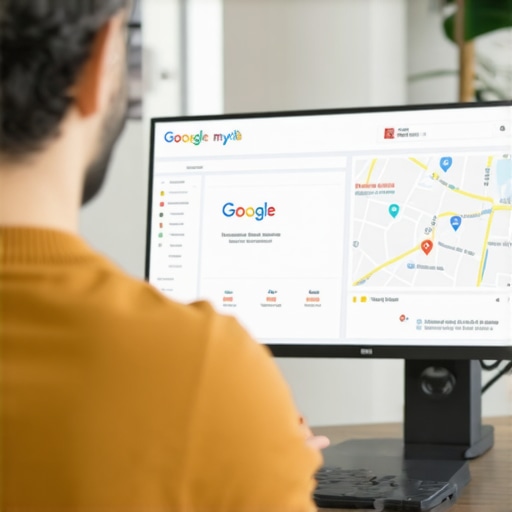 Optimizing Your GMB Profile Business owner editing Google My Business profile on computer for improved local search visibility.