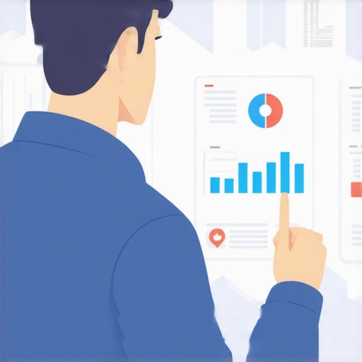 Business owner analyzing local SEO metrics with charts and voice search icons.