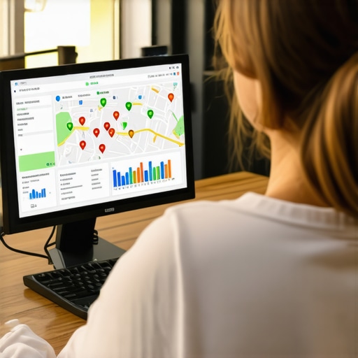 Person reviewing local search analytics on computer with maps and graphs.