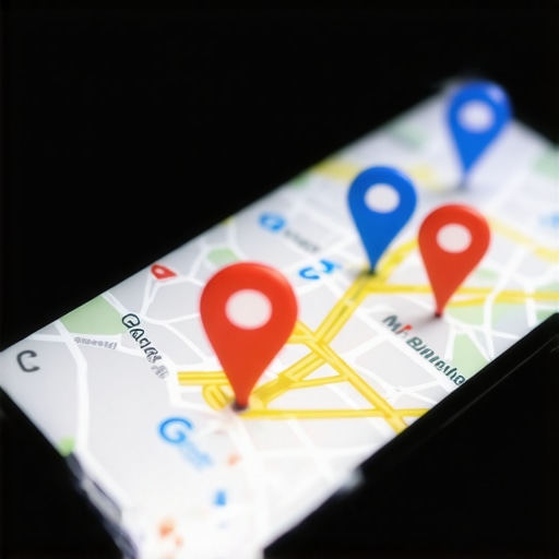 Digital map showcasing local business visibility with highlighted pins and smartphone screen
