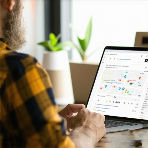 Business owner updating Google My Business profile on a laptop with maps and analytics displayed.