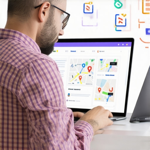 Business owner updating GMB profile on laptop with maps and SEO icons