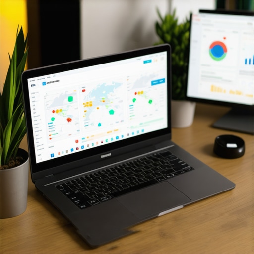 A workspace with multiple screens displaying maps, analytics, and SEO dashboards