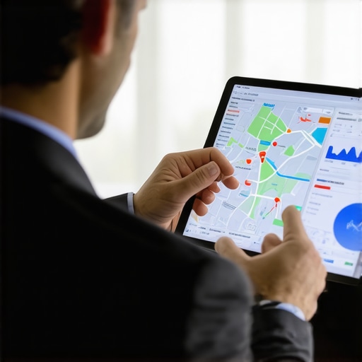 Businessman analyzing digital map signals on a tablet for local search improvement.