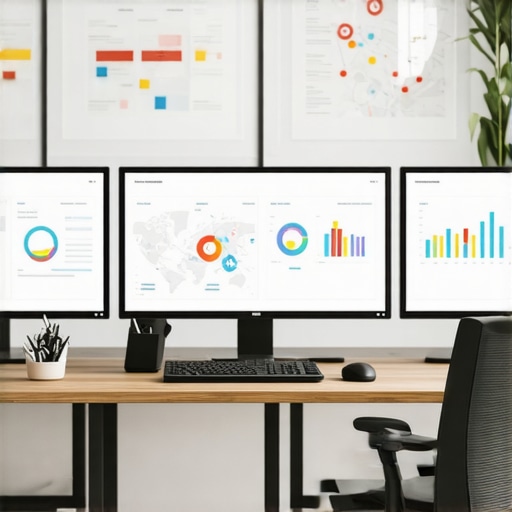 A workspace with multiple screens showing local SEO analytics and maps, illustrating tools for maintaining map visibility.