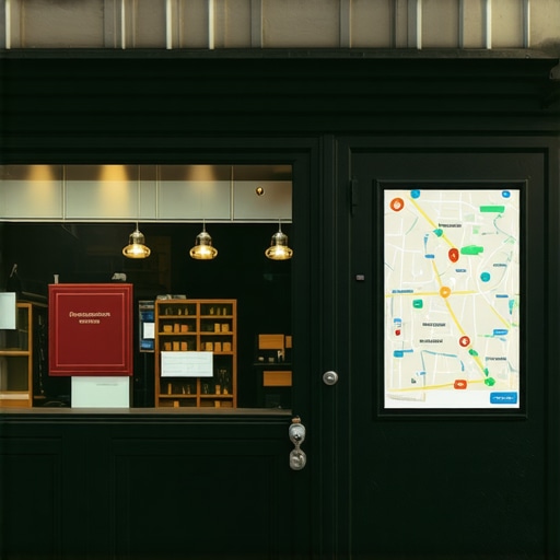 Business storefront with digital map overlay showing active signals.