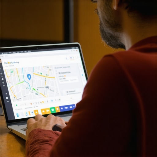 Optimizing GMB Profile for Better Map Visibility Business owner working on Google My Business profile with digital map analytics on screen