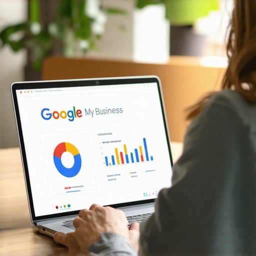 Business owner working on Google My Business profile with analytical dashboard.
