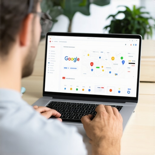 Business owner working on Google My Business profile with maps and data charts.