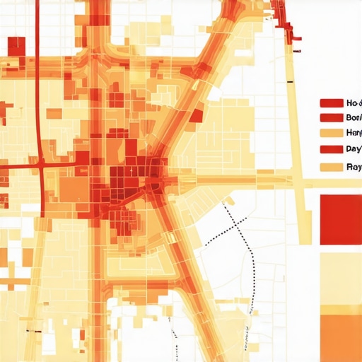 Heatmap illustration of business shop clustering in a city, demonstrating dense and sparse areas for local SEO strategy.