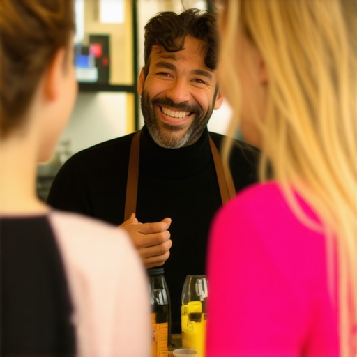 Business owner interacting with happy customers in a storefront