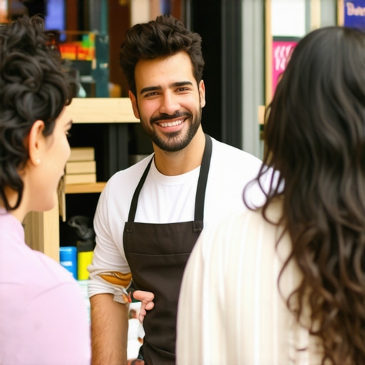 Business owner interacting with happy customers in a busy shop