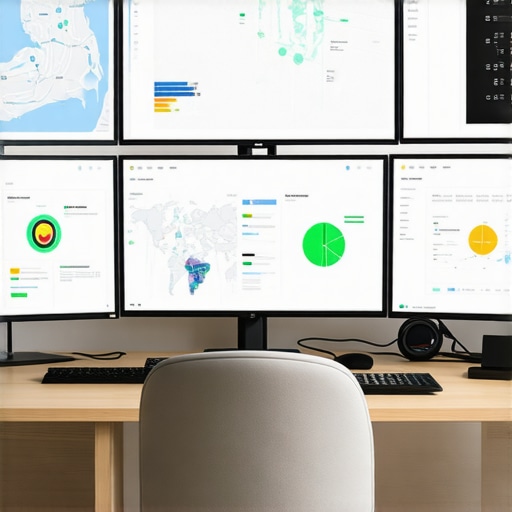 A work desk with screens showing map analytics and SEO dashboards.