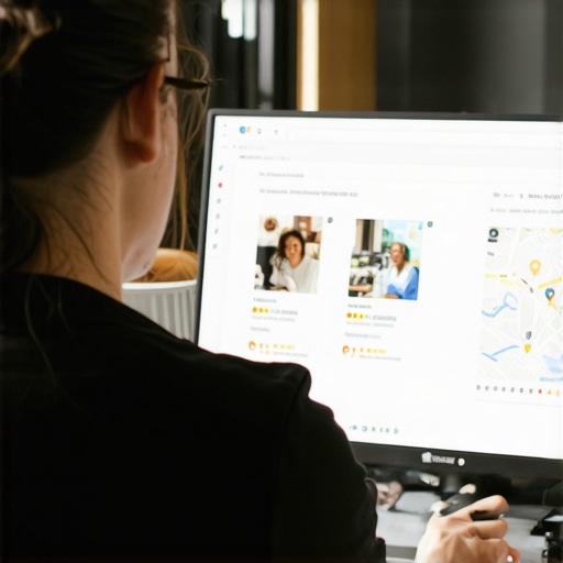 Business owner working on Google My Business profile on a desktop computer with reviews and photos visible.